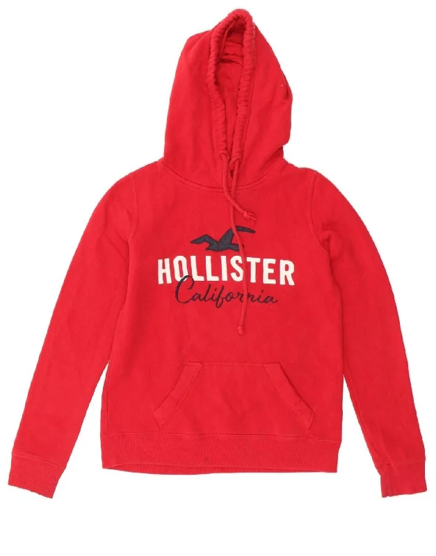 HOLLISTER Womens Graphic Hoodie Jumper UK 6 XS Red Cotton Hoodie with Mock Neck Collared Structured