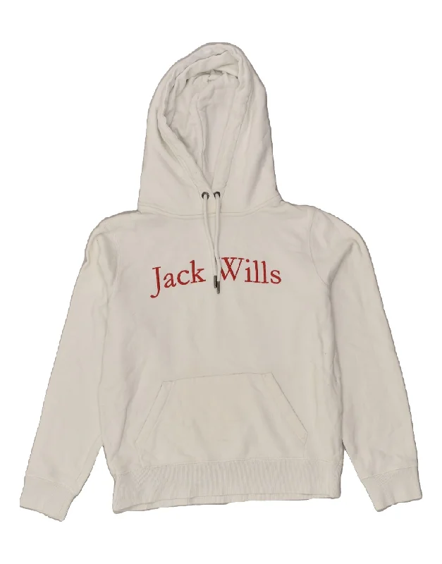 JACK WILLS Womens Graphic Hoodie Jumper UK 12 Medium White Cotton Hoodie with Slit Hem Functional Movement