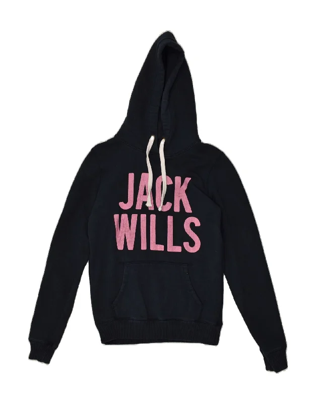 JACK WILLS Womens Graphic Hoodie Jumper UK 8 Small  Navy Blue Cotton Hoodie with Hem Frayed Vintage Worn