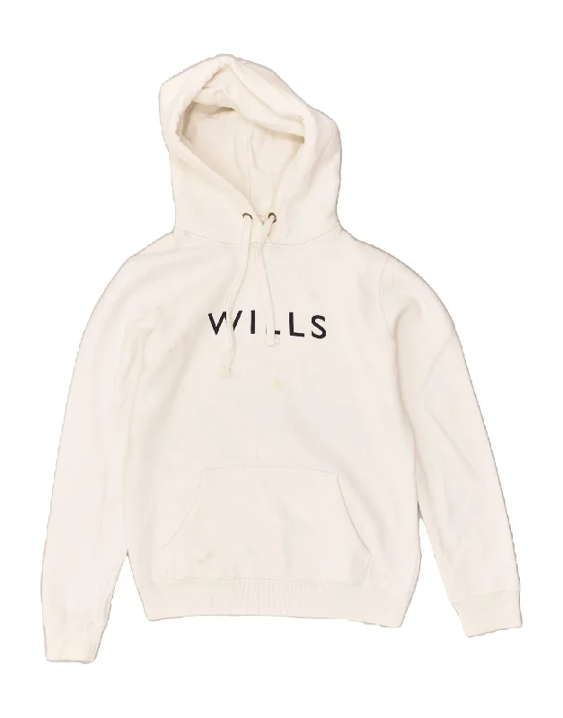 JACK WILLS Womens Graphic Hoodie Jumper UK 8 Small White Cotton Hoodie with Hidden Zipper Minimalist Clean