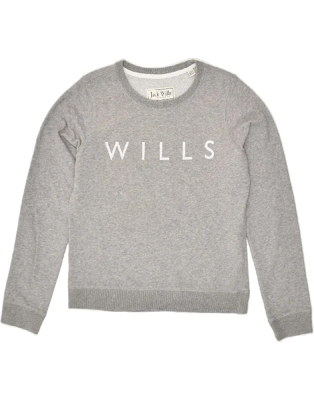 JACK WILLS Womens Graphic Sweatshirt Jumper UK 8 Small  Grey Cotton Hoodie with Crew Neck Simple Timeless