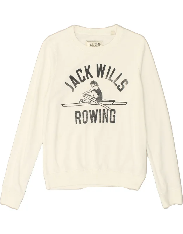 JACK WILLS Womens Graphic Sweatshirt Jumper UK 8 Small  White Cotton Hoodie with Color Block Contrast Stylish