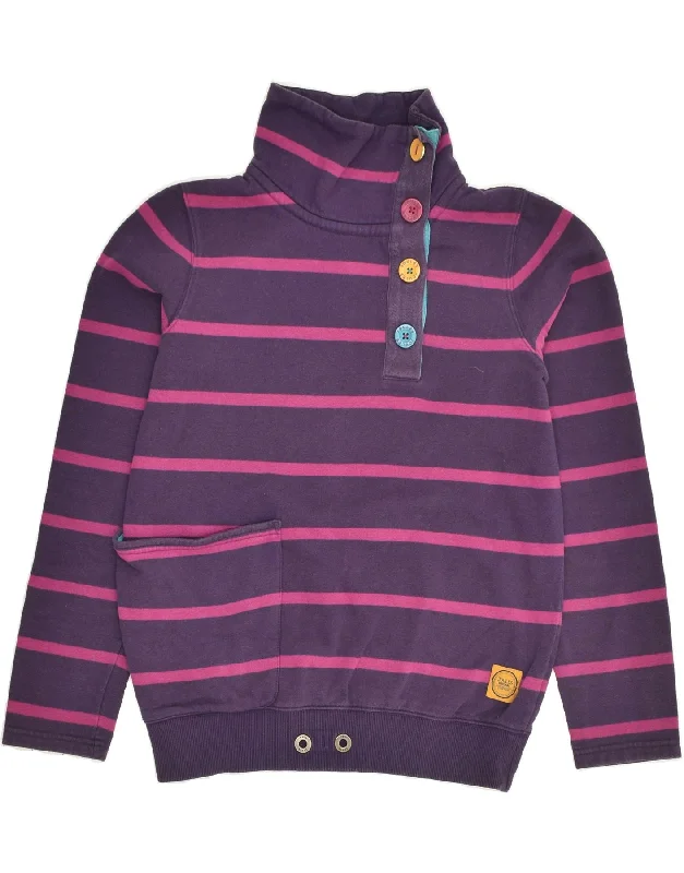 JOULES Womens Button Neck Sweatshirt Jumper UK 10 Small Purple Striped Hoodie with Drop Shoulder Relaxed Streetwear