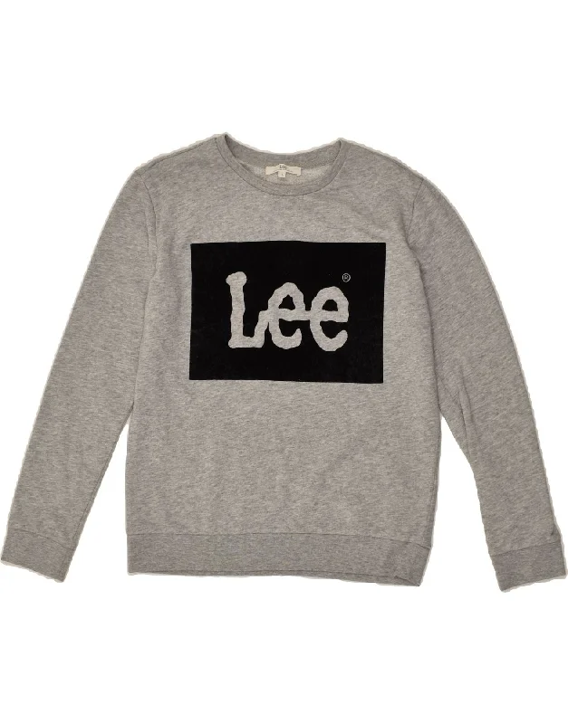 LEE Womens Loose Fit Graphic Sweatshirt Jumper UK 10 Small Grey Cotton Hoodie with Button Placket Classic Preppy