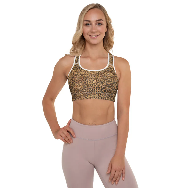 Leopard Padded Sports Bra, Brown Cute Animal Print Women's Fitness Bra-Made in USA/EU Trendy Lace Bra