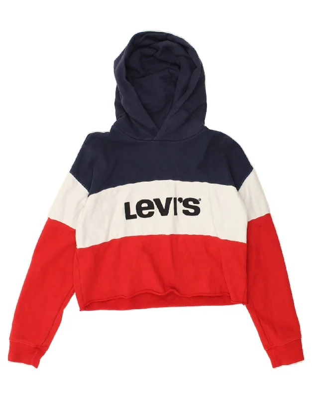 LEVI'S Womens Crop Graphic Hoodie Jumper UK 10 Small Red Colourblock Hoodie with Back Slit Movement Comfort