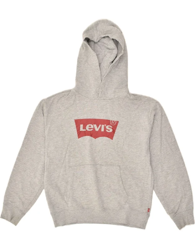 LEVI'S Womens Graphic Hoodie Jumper UK 10 Small Grey Cotton Hoodie with Hidden Zipper Minimalist Clean