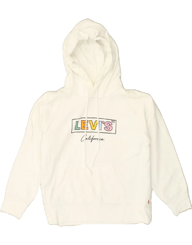 LEVI'S Womens Graphic Hoodie Jumper UK 14 Medium White Cotton Hoodie with Longline Fit Extended Stylish