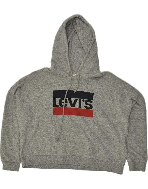 LEVI'S Womens Graphic Hoodie Jumper UK 16 Large Grey Cotton Hoodie with Toggle Buttons Decorative Unique