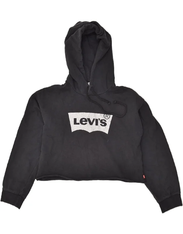 LEVI'S Womens Graphic Hoodie Jumper UK 6 XS Black Cotton Hoodie with Hem Detail Decorative Unique