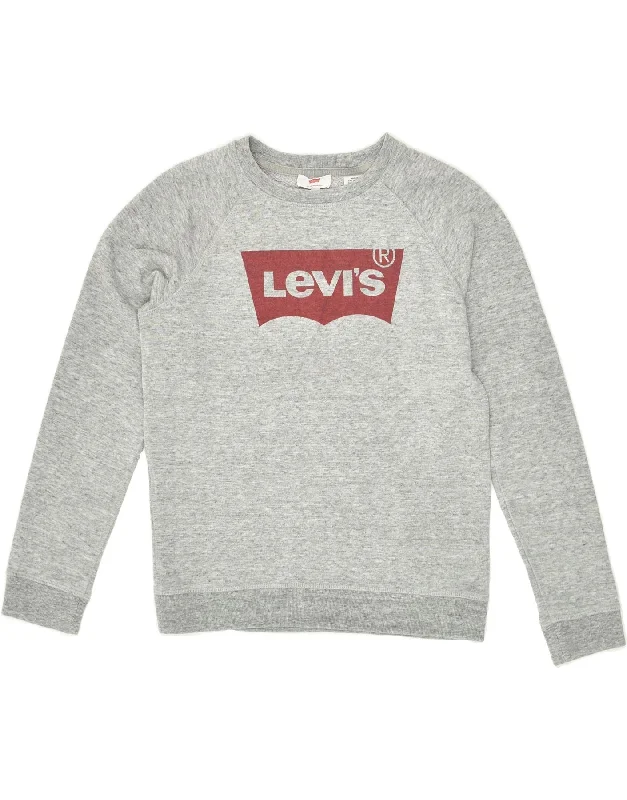 LEVI'S Womens Graphic Sweatshirt Jumper UK 10 Small Grey Flecked Cotton Hoodie with Lace Feminine Delicate