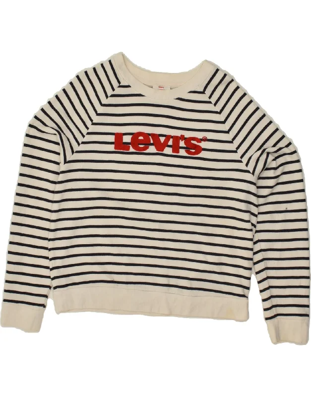 LEVI'S Womens Graphic Sweatshirt Jumper UK 16 Large Off White Striped Hoodie with Hem Patch Decorative Personalized