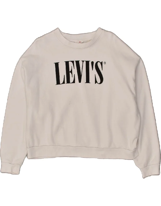 LEVI'S Womens Graphic Sweatshirt Jumper UK 16 Large White Cotton Hoodie with Velcro Closure Adjustable Secure