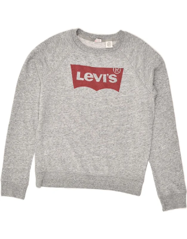 LEVI'S Womens Graphic Sweatshirt Jumper UK 6 XS Grey Cotton Hoodie with Elastic Cuffs Stretchable Comfortable