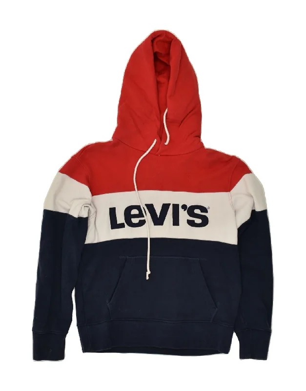 LEVI'S Womens Oversized Graphic Hoodie Jumper UK 6 XS Navy Blue Striped Hoodie with Earth Tones Natural Calm