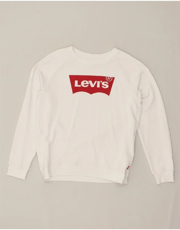 LEVI'S Womens Oversized Graphic Sweatshirt Jumper UK 6 XS Off White Cotton Hoodie with Hood Adjustable Protection