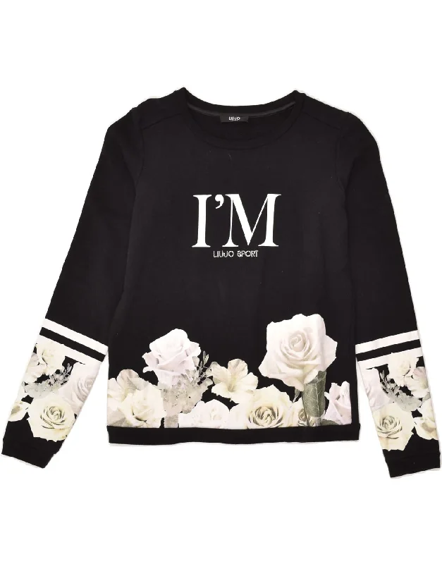 LIU JO Womens Graphic Sweatshirt Jumper UK 10 Small Black Floral Cotton Hoodie with Raglan Sleeves Sporty Comfortable