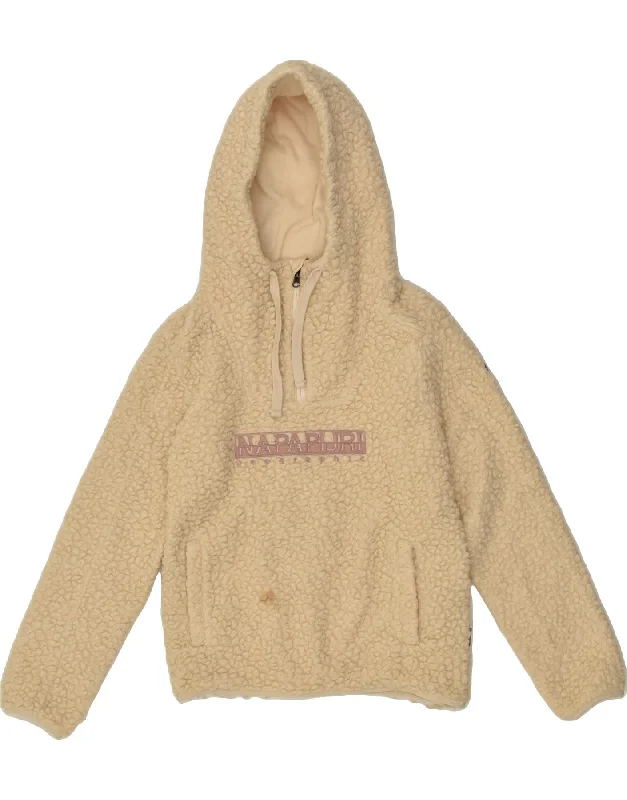 NAPAPIJRI Womens Fleece Graphic Hoodie Jumper UK 10 Small Beige Wool Hoodie with Hem Detail Decorative Unique