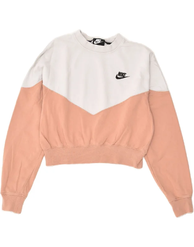 NIKE Womens Crop Sweatshirt Jumper UK 10 Small Beige Colourblock Cotton Hoodie with Reflective Safety Nightwear