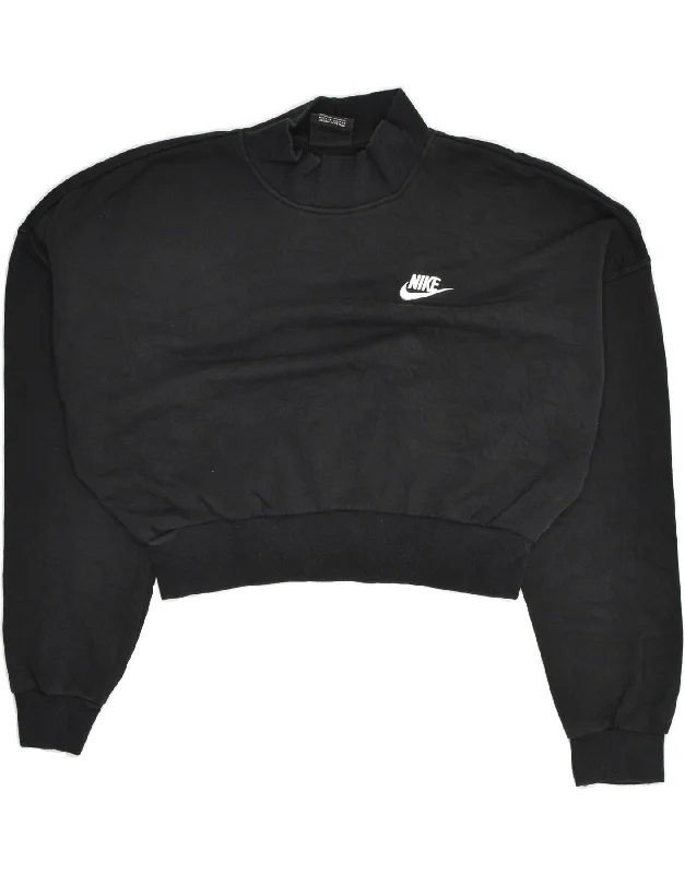 NIKE Womens Crop Sweatshirt Jumper UK 10 Small Black Cotton Hoodie with Print Artistic Unique