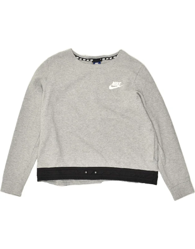 NIKE Womens Crop Sweatshirt Jumper UK 18 XL Grey Cotton Hoodie with Button Placket Classic Preppy