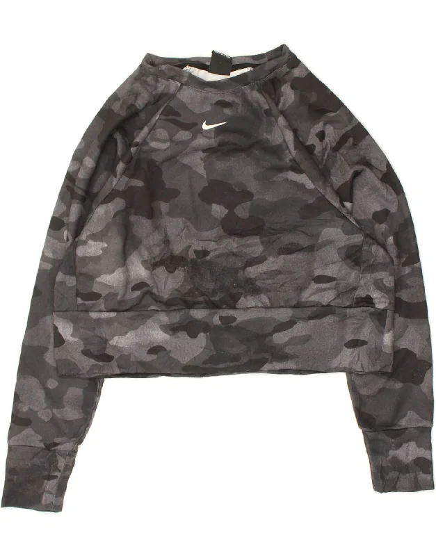 NIKE Womens Dri Fit Sweatshirt Jumper UK 10 Small Grey Camouflage Hoodie with Hem Drawcord Adjustable Customizable