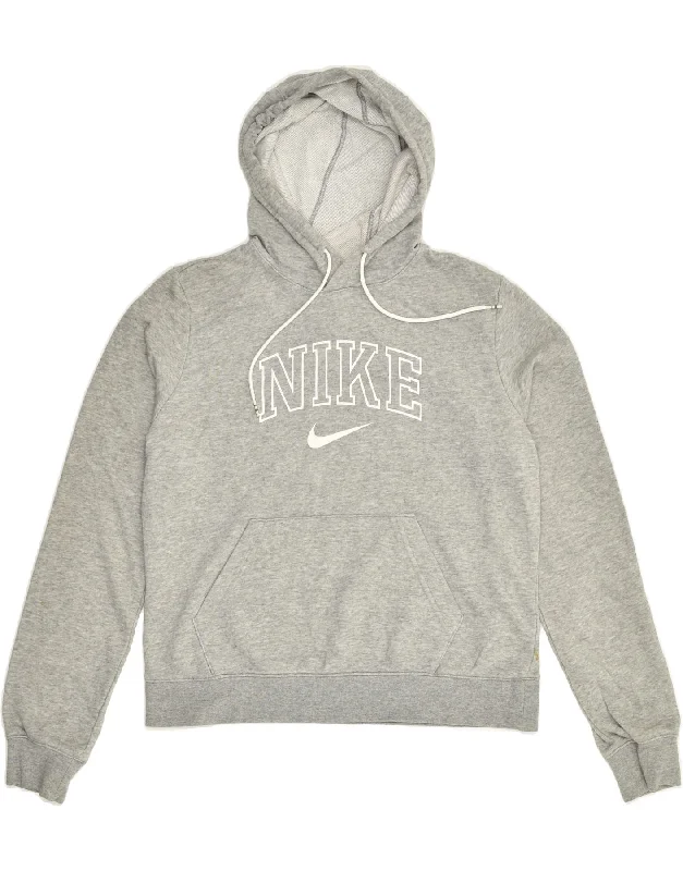 NIKE Womens Graphic Hoodie Jumper UK 14 Medium Grey Cotton Hoodie with Stripes Bold Sporty