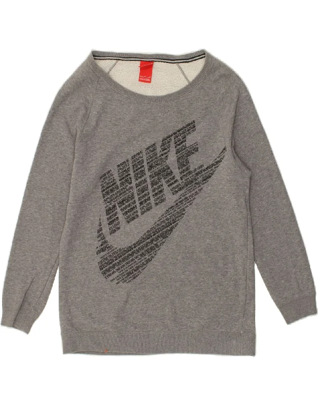 NIKE Womens Graphic Sweatshirt Jumper UK 10 Small Grey Cotton Hoodie with Hood Adjustable Protection