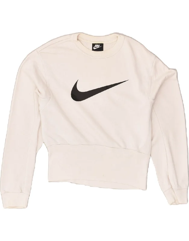 NIKE Womens Oversized Graphic Sweatshirt Jumper UK 10 Small Off White Hoodie with Half-Zip Sporty Casual