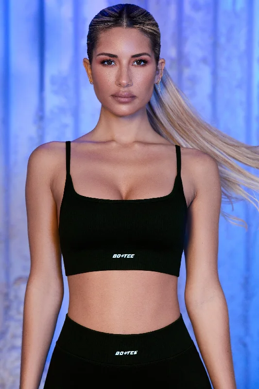 Strappy Sports Bra in Black Padded Push-Up Bra