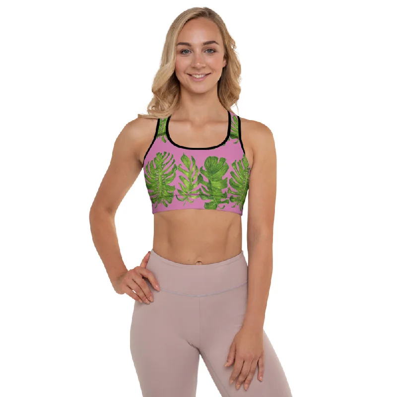 Pink Tropical Leaves Sports Bra, Best Women's Fitness Workout Bra-Made in USA/EU (US Size: XS-2XL) Breathable Wireless Bra