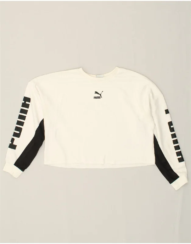 PUMA Womens Crop Graphic Sweatshirt Jumper UK 10 Small White Colourblock Hoodie with Hem Detail Decorative Unique