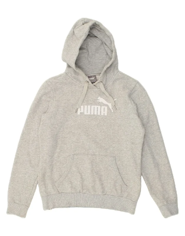 PUMA Womens Graphic Hoodie Jumper UK 10 Small  Grey Hoodie with Hem Applique Textured Unique