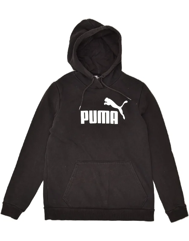 PUMA Womens Graphic Hoodie Jumper UK 14 Medium Black Cotton Hoodie with Mock Neck Collared Structured