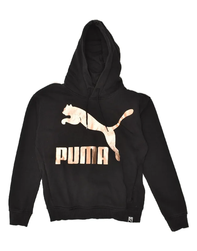 PUMA Womens Graphic Hoodie Jumper UK 8 Small Black Cotton Hoodie with Hem Patch Decorative Personalized