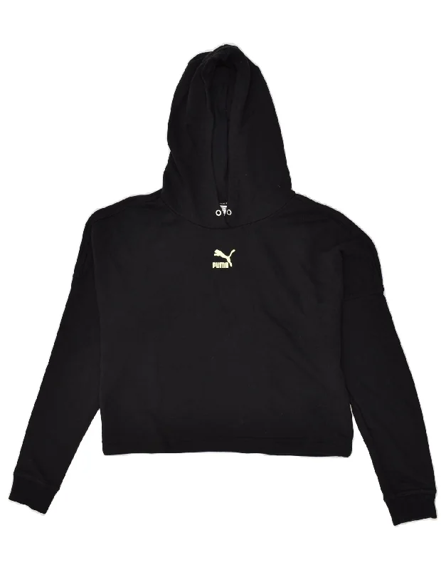 PUMA Womens Hoodie Jumper UK 10 Small Black Cotton Hoodie with Hem Applique Textured Unique