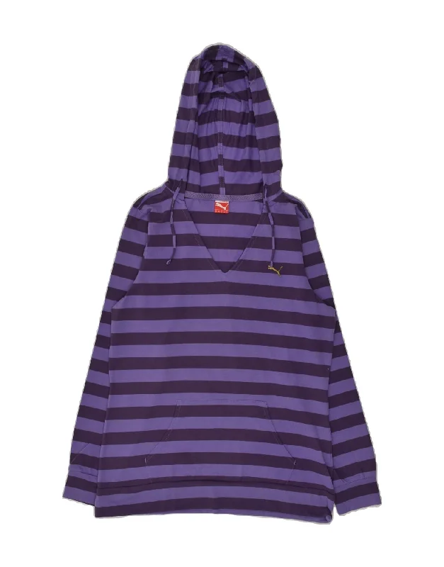 PUMA Womens Hoodie Jumper UK 12 Medium Purple Striped Cotton Hoodie with Emblem Brand Identity