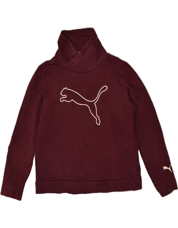 PUMA Womens Shawl Neck Sweatshirt Jumper UK 14 Medium Burgundy Cotton Hoodie with Slit Hem Functional Movement