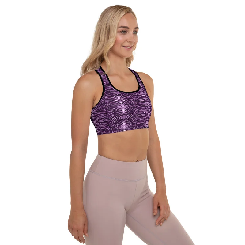 Purple Tiger Padded Sports Bra, Pink Animal Print Women's Padded Bra-Made in USA/EU/MX Push-Up Bralette Set