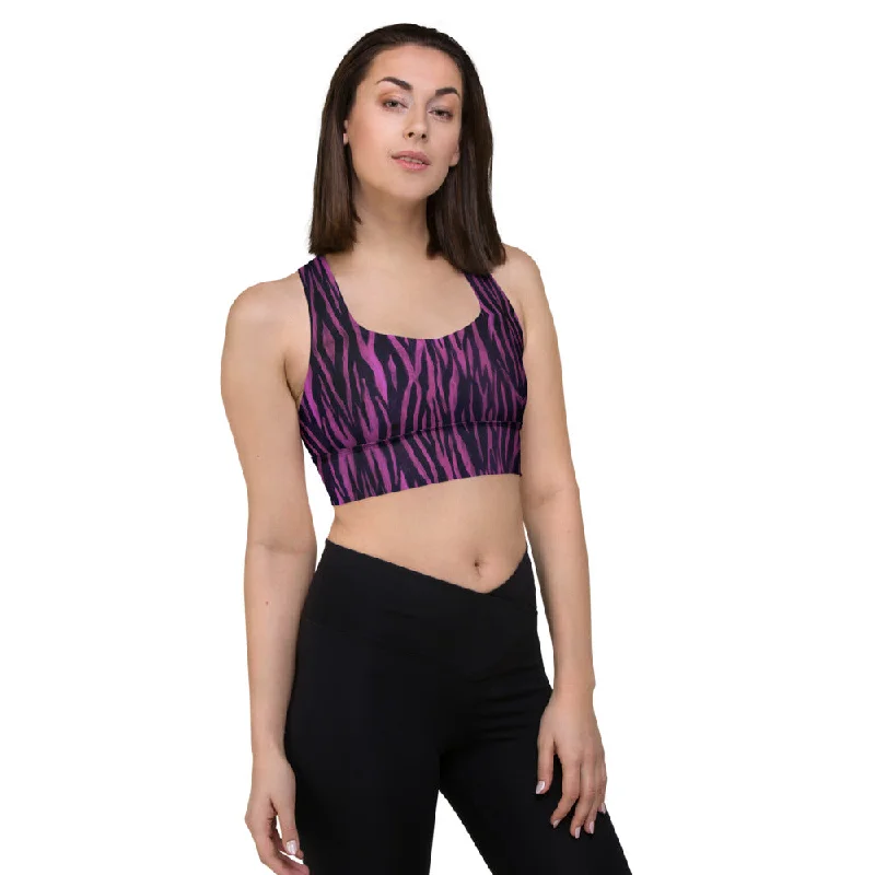 Purple Tiger Striped Sports Bra, Longline Gym Exercise Padded Sports Bra For Women-Made in USA/EU/MX Active Support Bra