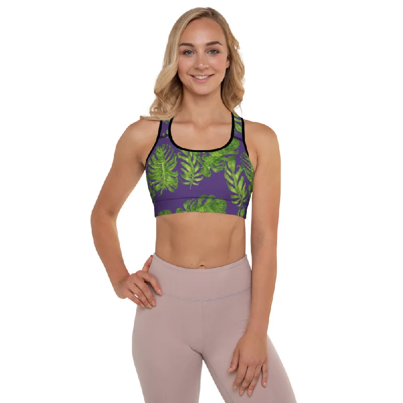 Purple Tropical Padded Sports Bra, Hawaiian Style Leaves Print Workout Bra-Made in USA/EU/MX Smooth Push-Up Bra