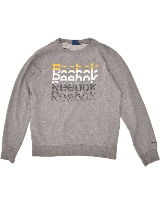 REEBOK Womens Graphic Sweatshirt Jumper UK 10 Small Grey Cotton Hoodie with Illustration Artistic Creative