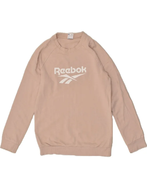 REEBOK Womens Graphic Sweatshirt Jumper UK 14 Medium Beige Cotton Oversized Hoodie Comfort Casual