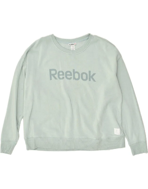 REEBOK Womens Graphic Sweatshirt Jumper UK 22 3XL Blue Cotton Hoodie with Elastic Cuffs Stretchable Comfortable