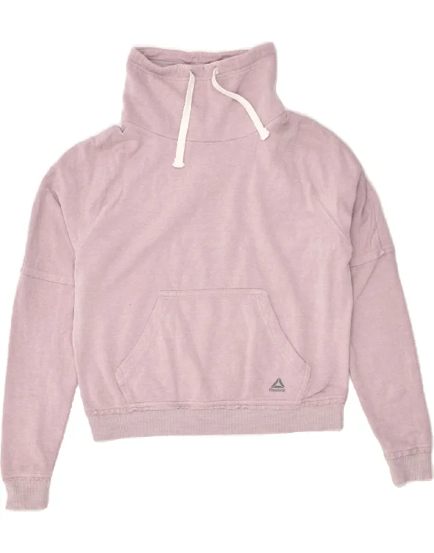 REEBOK Womens Roll Neck Sweatshirt Jumper UK 10 Small Pink Cotton Hoodie with Drawcord Adjustable Secure