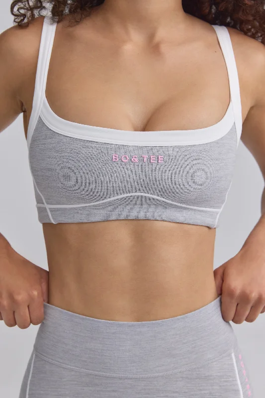 Soft Active Contrast-Trim Sports Bra in Ice Grey Soft Lace Bralette