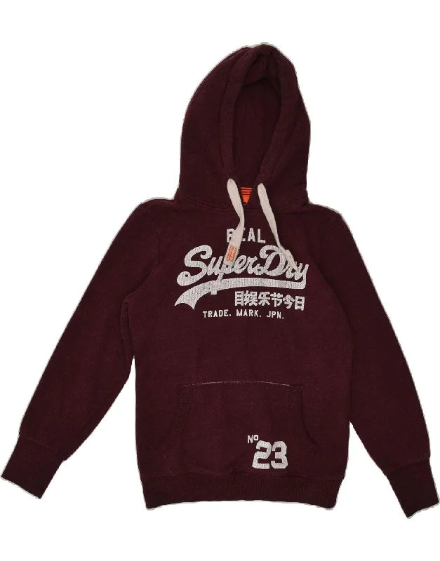 SUPERDRY Womens Graphic Hoodie Jumper UK 12 Medium Burgundy Polyester Hoodie with Hem Embroidery Detailed Premium