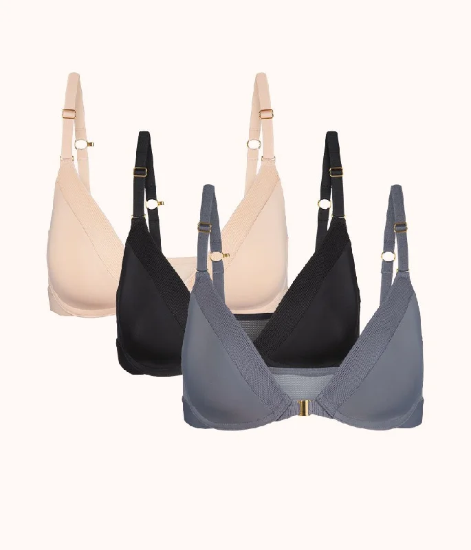 The Front Close No-Wire Bra Trio: Jet Black/Toasted Almond/Smoke Active Support Bra