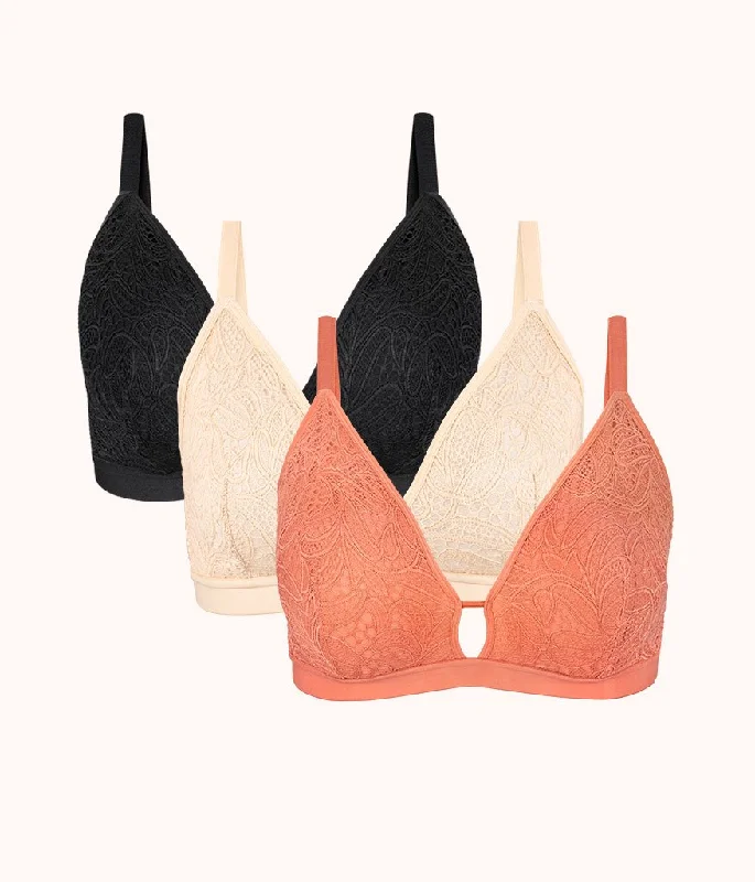 The Palm Lace Busty Bra Trio: Terracotta/Jet Black/Toasted Almond Comfortable Fit Bralette