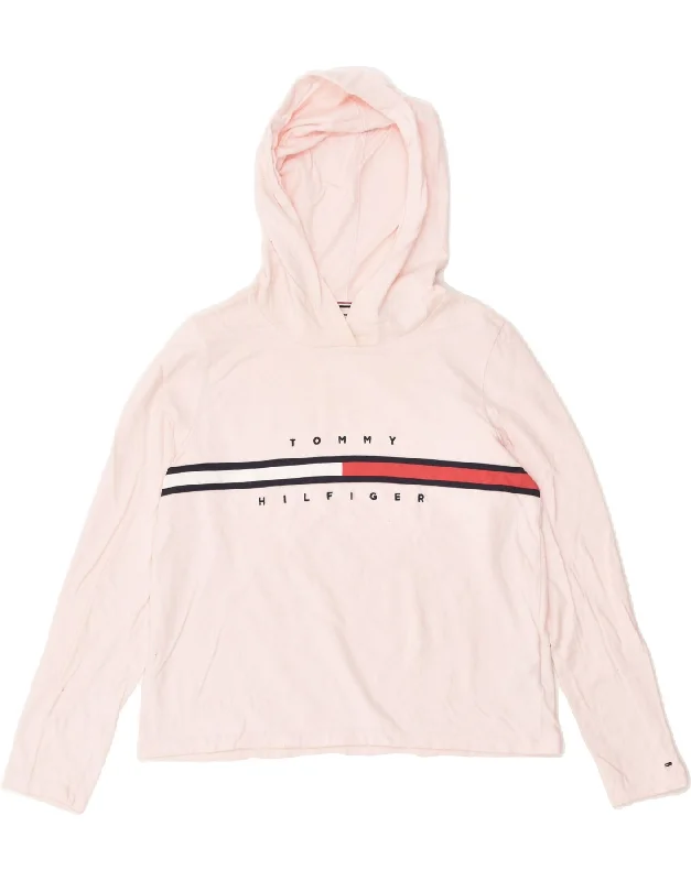 TOMMY HILFIGER Womens Graphic Hoodie Jumper UK 14 Medium Pink Cotton Hoodie with Zipper Placket Modern Functional